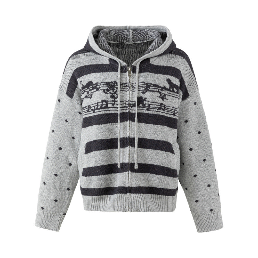 Men's oversized heather grey striped knit zip-up hoodie with polka-dot sleeves and jacquard music-note chest panel