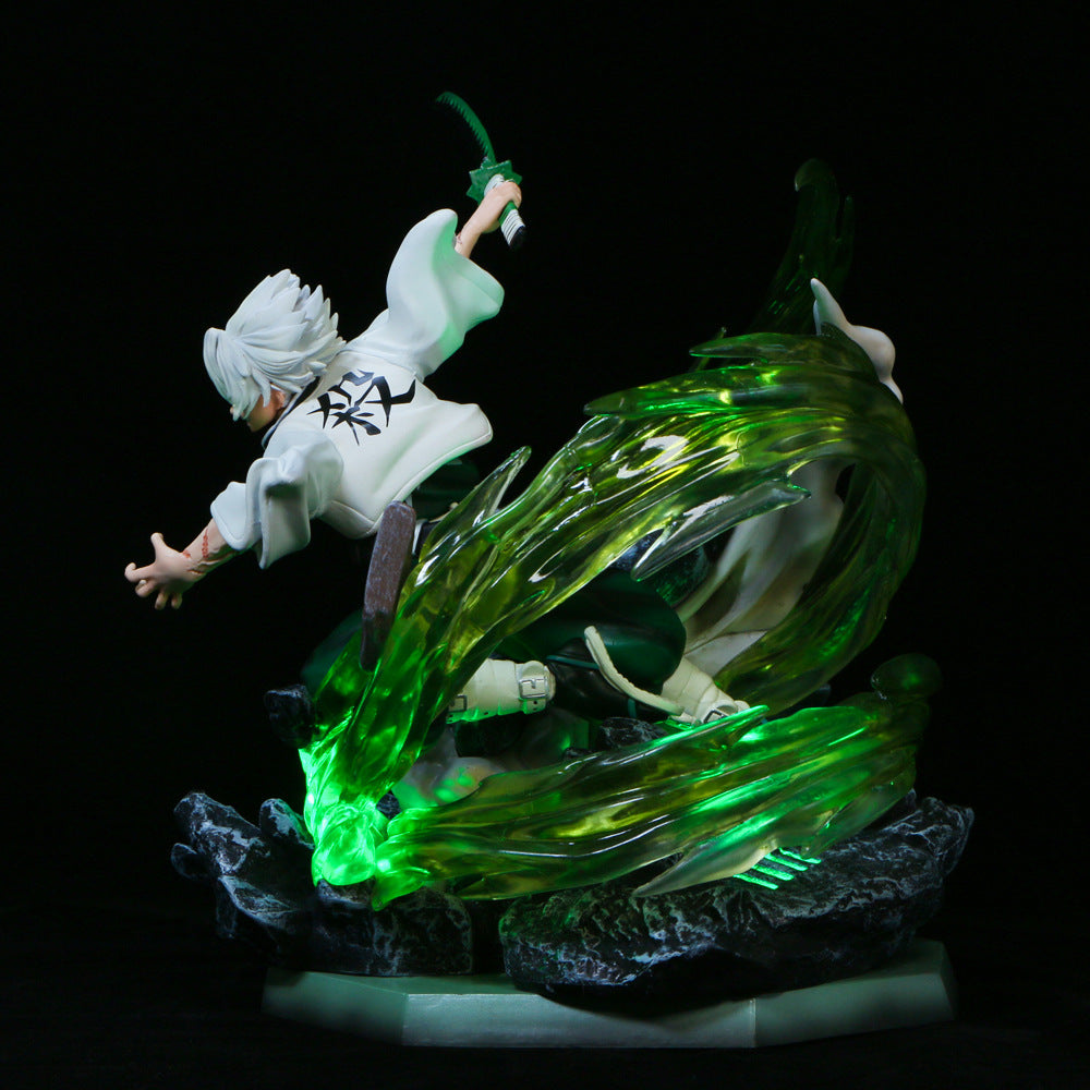 The Premium Demon Slayer Kaze Hashira Sanemi Shinazugawa Figure is a 30cm GK model featuring USB light-up effects. This high-quality collectible showcases Sanemi in his iconic white and black outfit, sword in hand, with green translucent energy swirling around him against a rocky base.