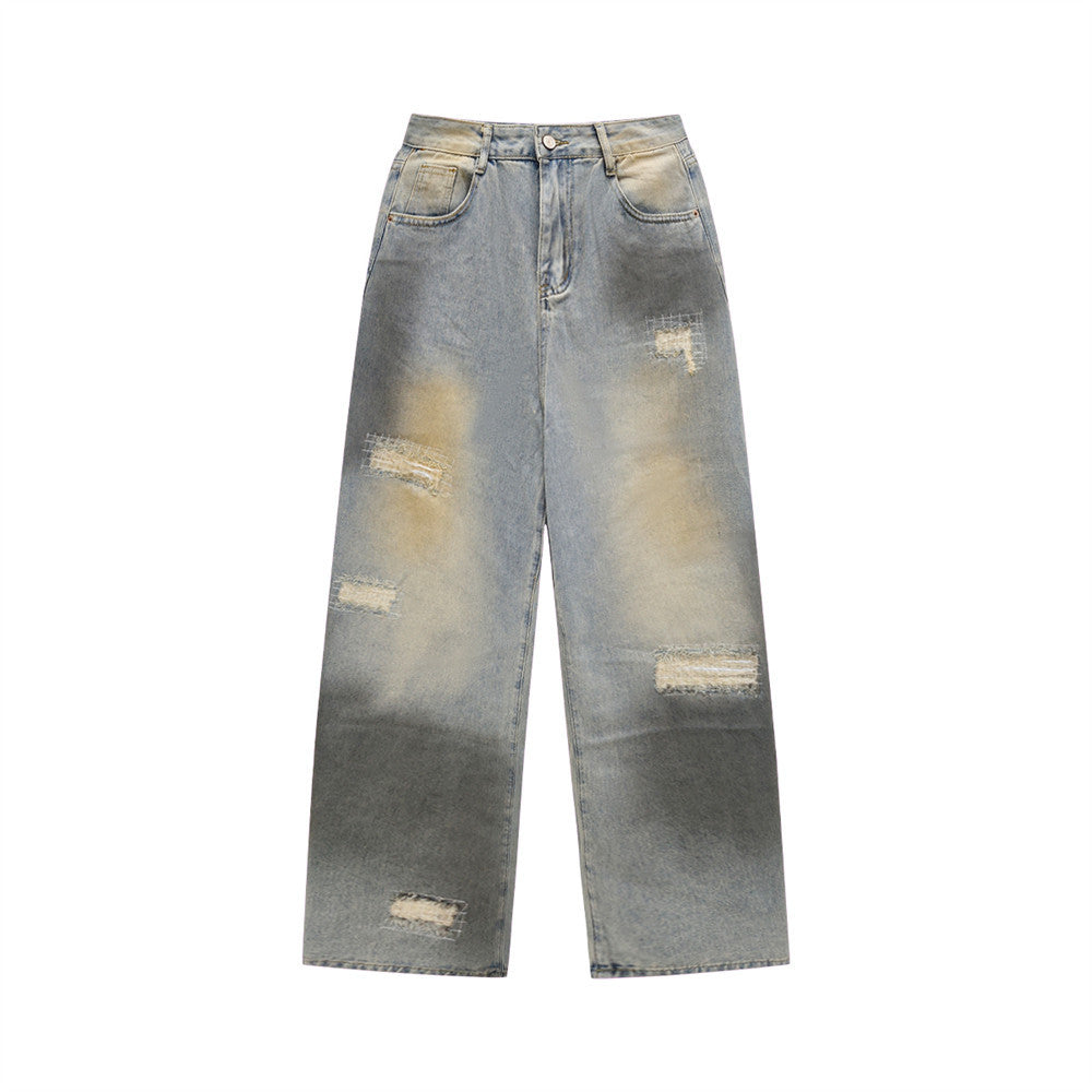Distressed Washed Wide-Leg Jeans – Vintage Dirty Dye Streetwear