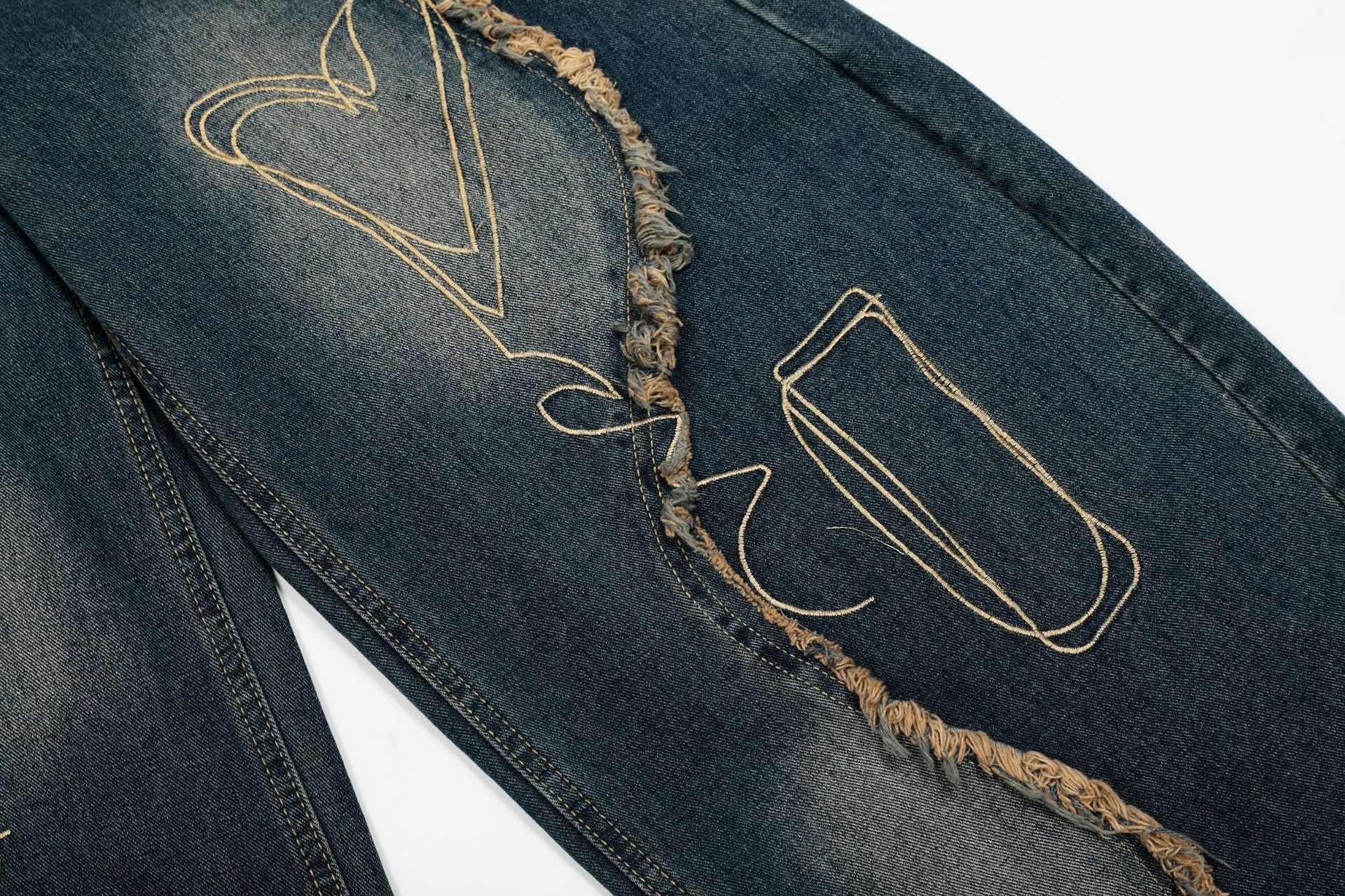 Baggy Jeans with Celestial Embroidery, Raw-Edge Seam & Wide Leg — Unisex Vintage