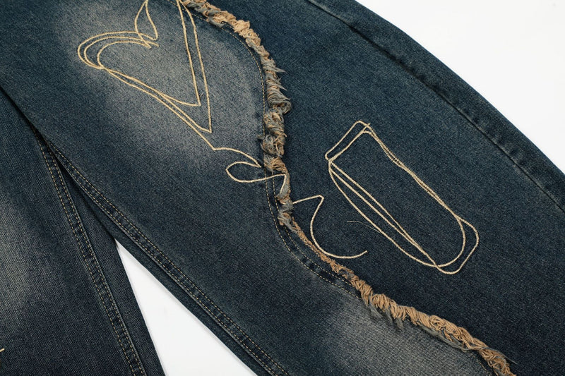 Baggy Jeans with Celestial Embroidery, Raw-Edge Seam & Wide Leg — Unisex Vintage