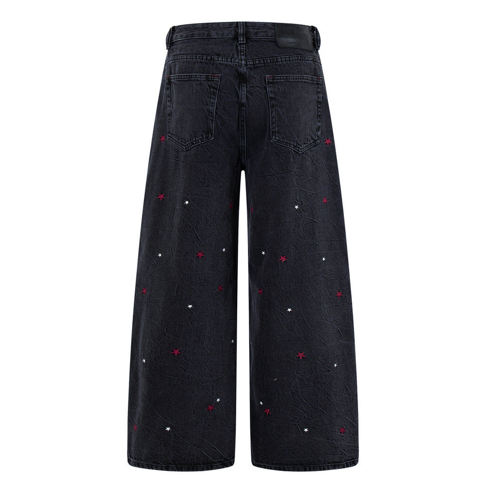 Star Embroidered Wide-Leg Jeans – Washed Black Denim with Side Floral Detail
