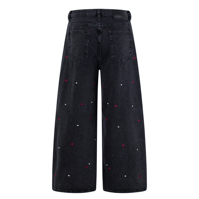 Star Embroidered Wide-Leg Jeans – Washed Black Denim with Side Floral Detail