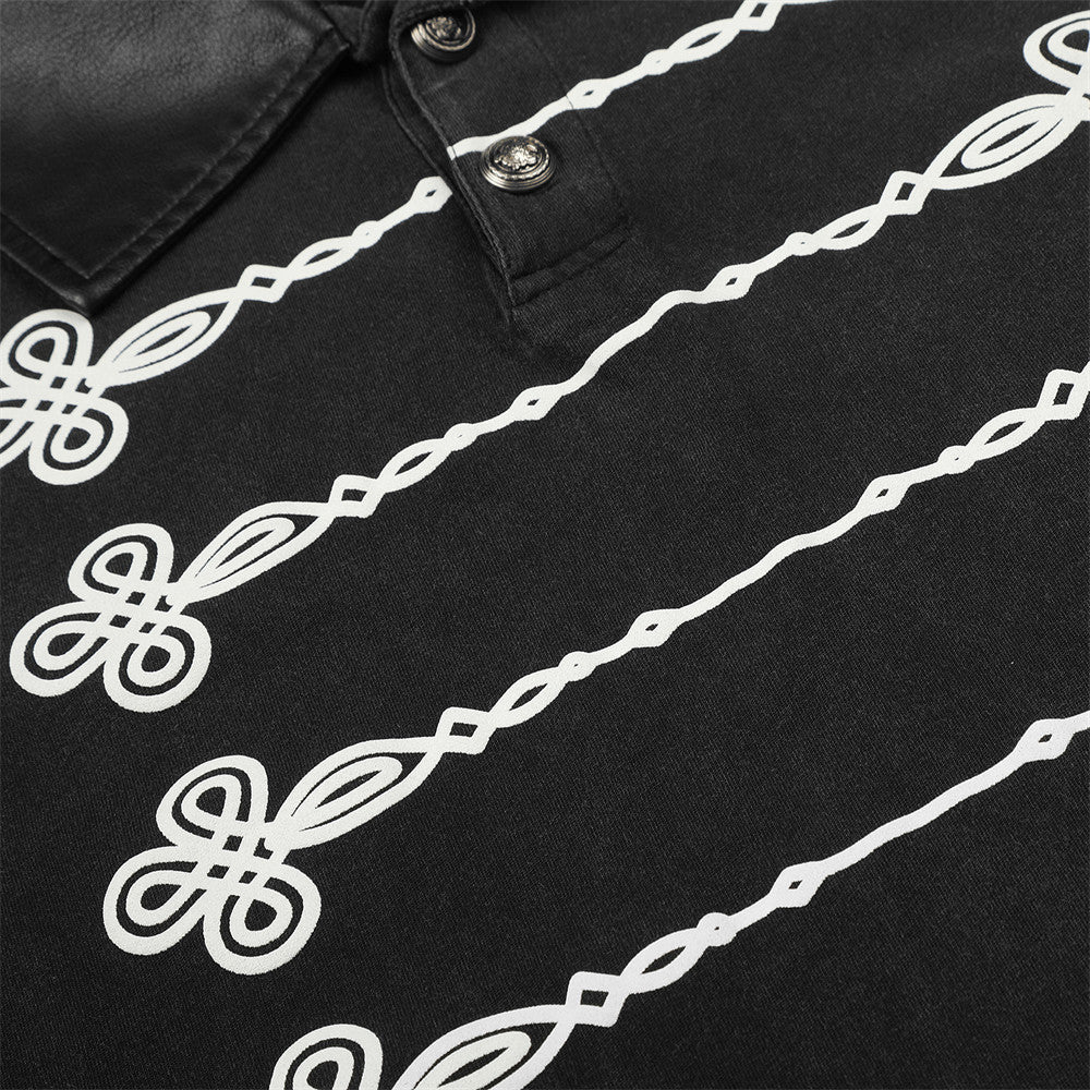 Men's Cropped Military-Style Long Sleeve Polo Shirt with Braided Trim – Black