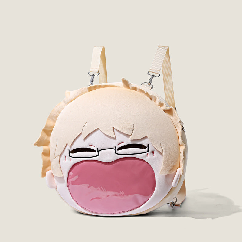 The Seakoff Haikyuu!! Tsukishima Kei Plush Shoulder Bag features a playful, stylized design with short blonde hair and glasses. It resembles Tsukishima Kei from Haikyuu!! and includes beige adjustable straps for comfort. The bag has a transparent mouth pocket for added flair.