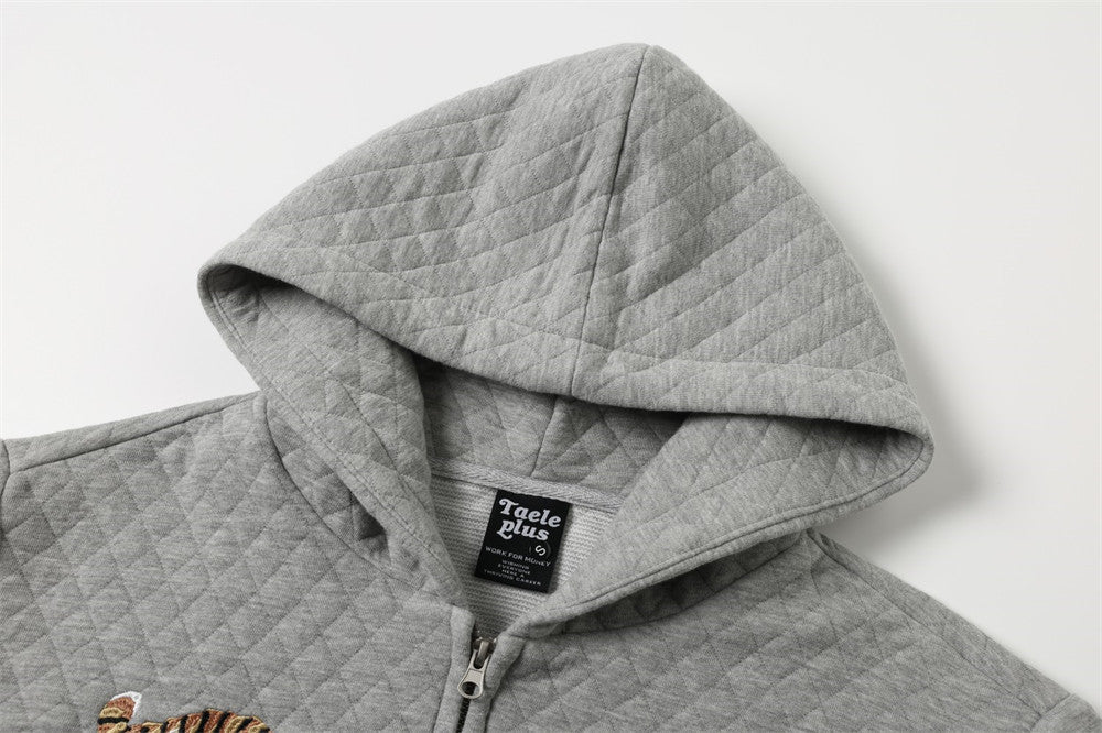 Tiger Embroidery Quilted Zip-Up Hoodie – Oversized Streetwear Sweatshirt