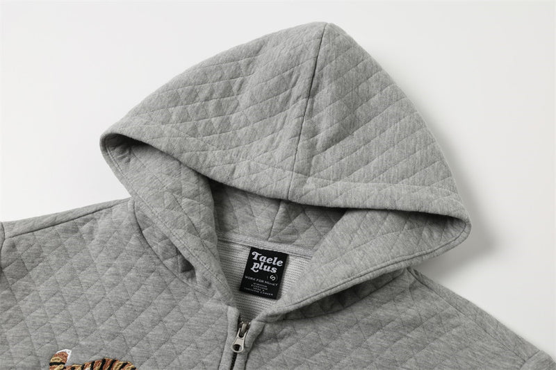 Tiger Embroidery Quilted Zip-Up Hoodie – Oversized Streetwear Sweatshirt
