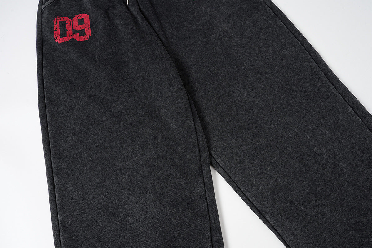 Wide-Leg Sweatpants – Acid Wash Vintage Varsity Graphic, Relaxed Fit