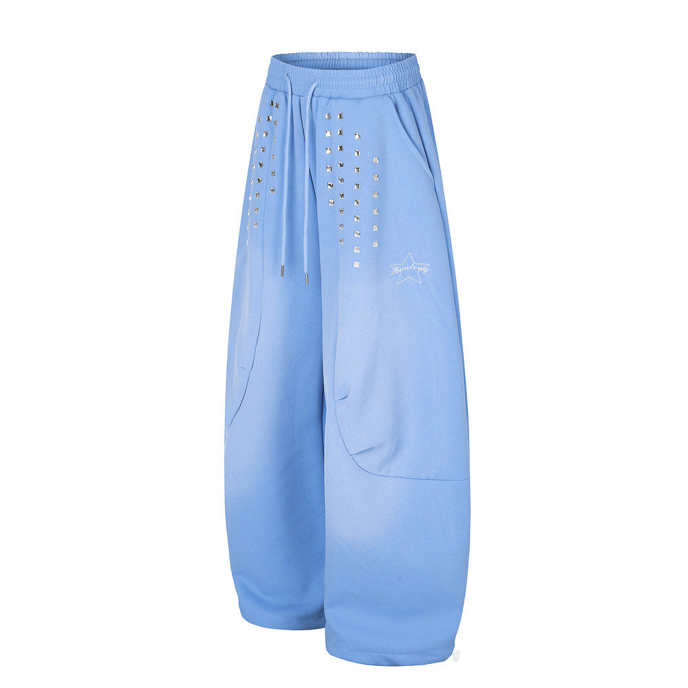 Wide-Leg Sweatpants with Square Stud Embellishments and Drawstring Waist