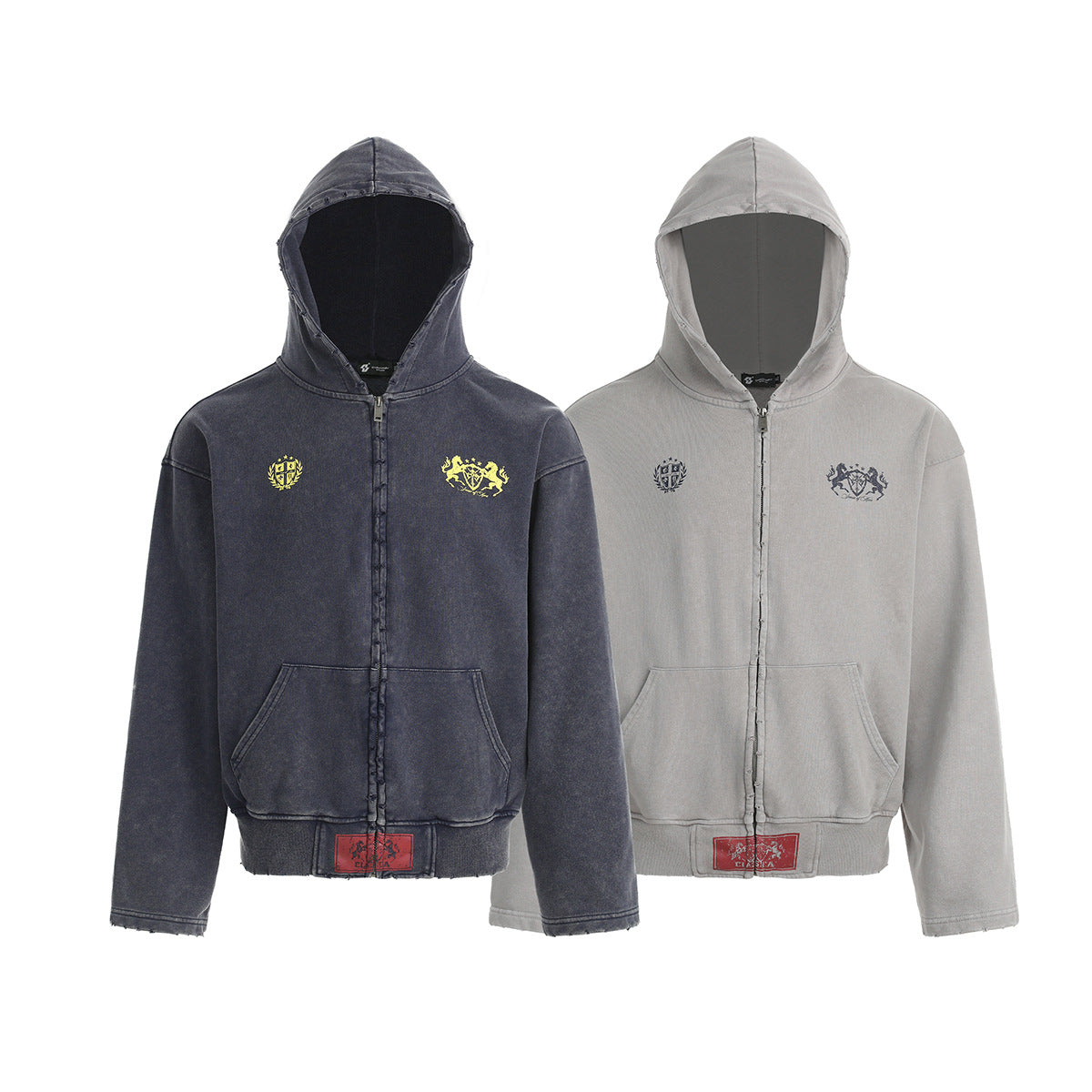 Zip-Up Cropped Hoodie Acid Wash Heraldic Crest Streetwear