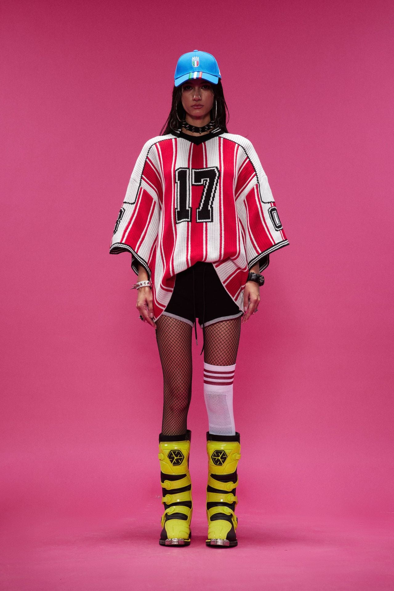 Red and White Striped V-Neck Sweater – Number 17 Oversized Knit Sports Jersey