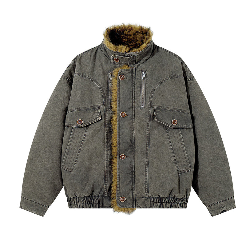 Washed Denim Fur-Collar Padded Jacket – Fleece-Lined Workwear Bomber