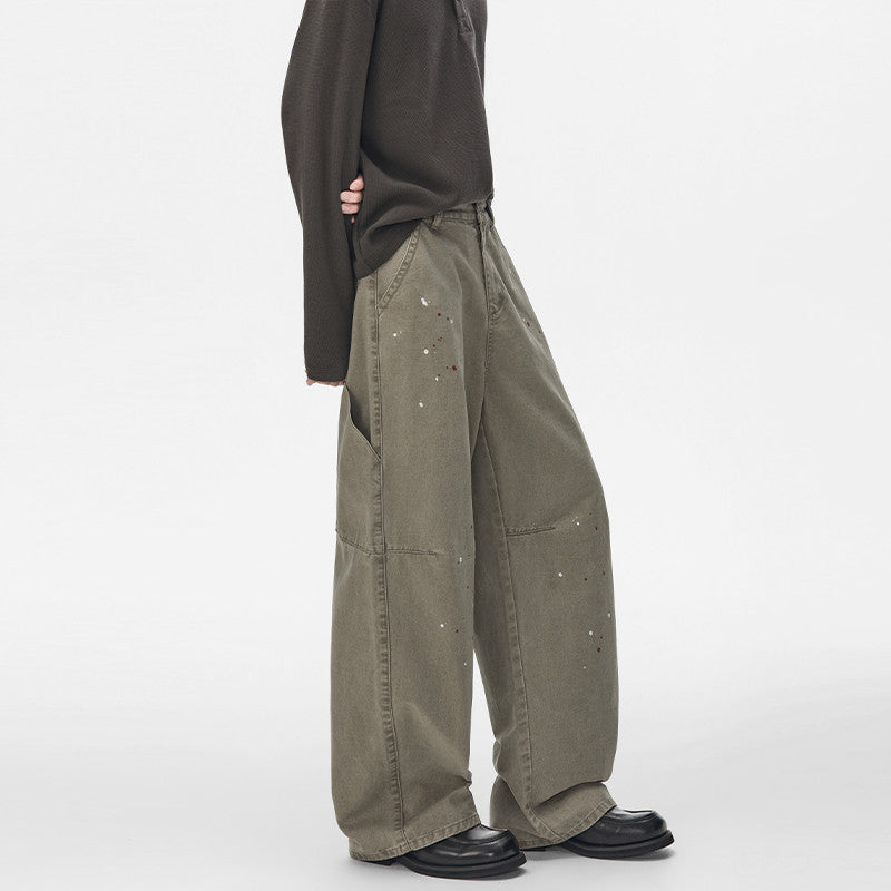 Wide-Leg Cargo Pants – Paint Splatter Washed Army Green Straight Fit