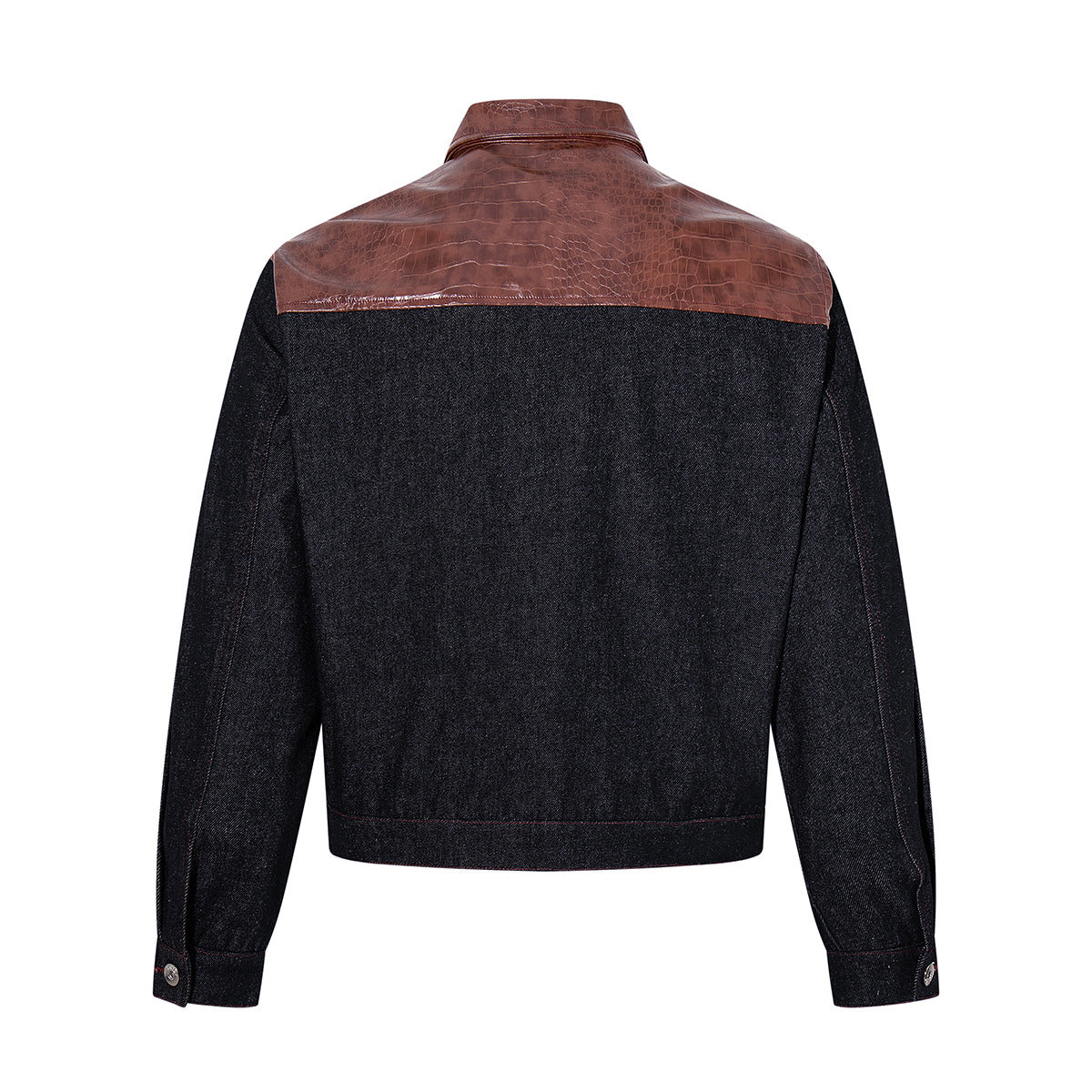 Boxy Raw Denim Jacket with Crocodile-Embossed Leather Panels