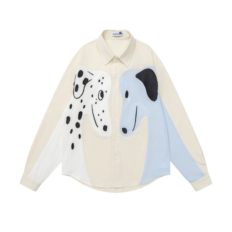 Chemise oversize boutonnée à manches longues, colorblock chien cartoon – Coupe décontractée