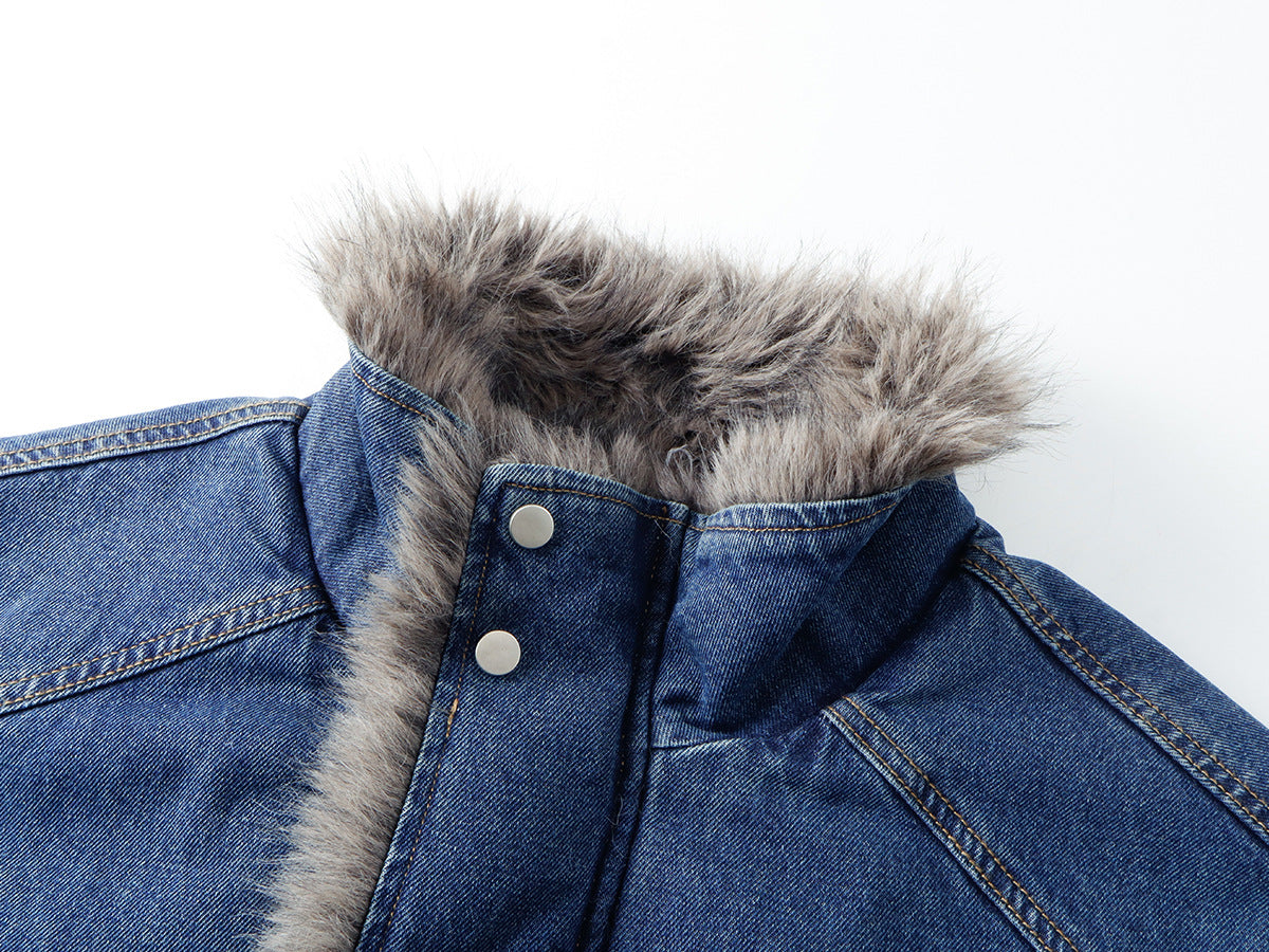 Fur-Lined Denim Jacket – Men's Winter Bomber with Faux Fur Collar & Quilted
