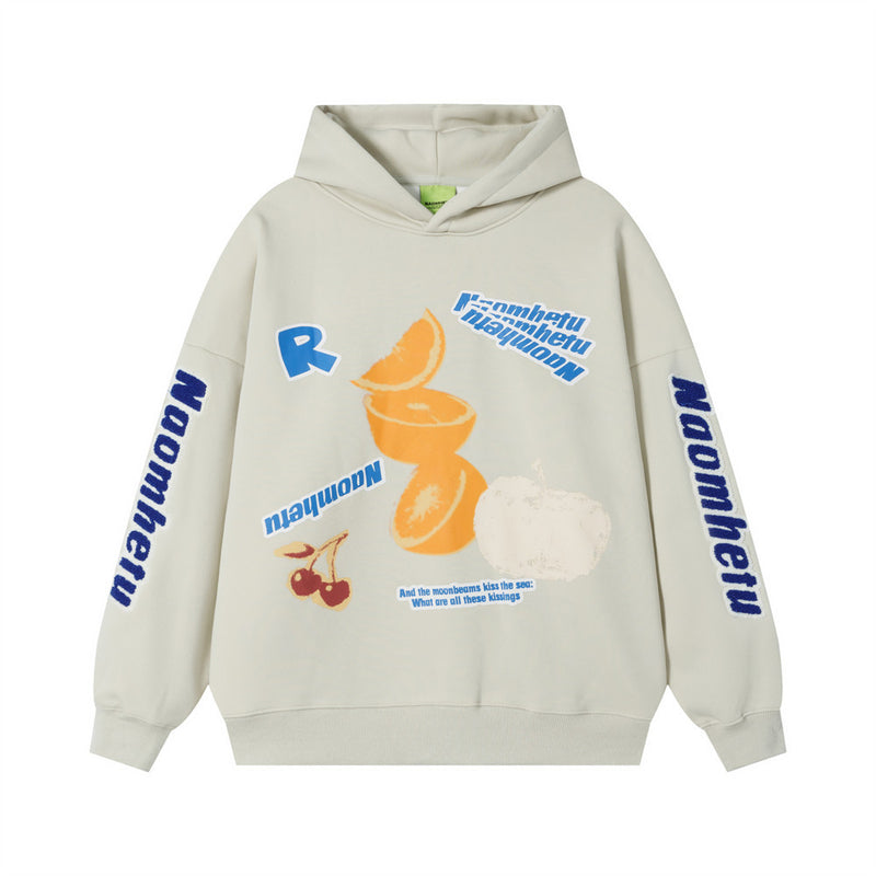Oversized graphic hoodie with fruit and letter print in silver grey, front view