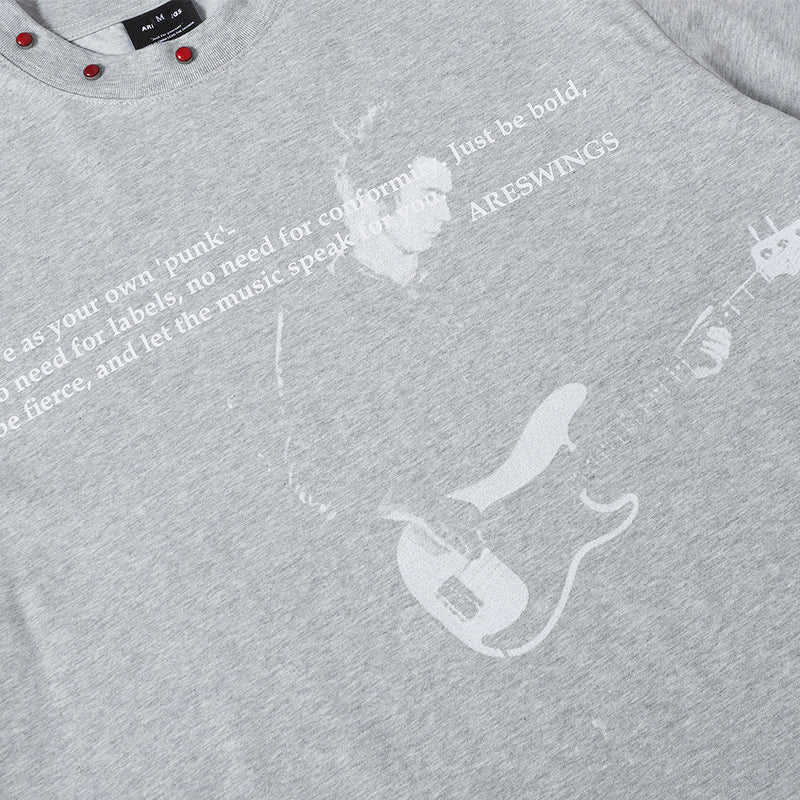 ARESWINGS Punk Guitarist Graphic T-Shirt with Red Studded Collar