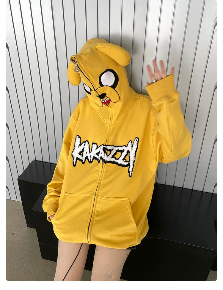 Kawaii Yellow Dog Hoodie - 400GSM Cotton Oversized Zip-Up Hoodie for Anime Streetwear Fans