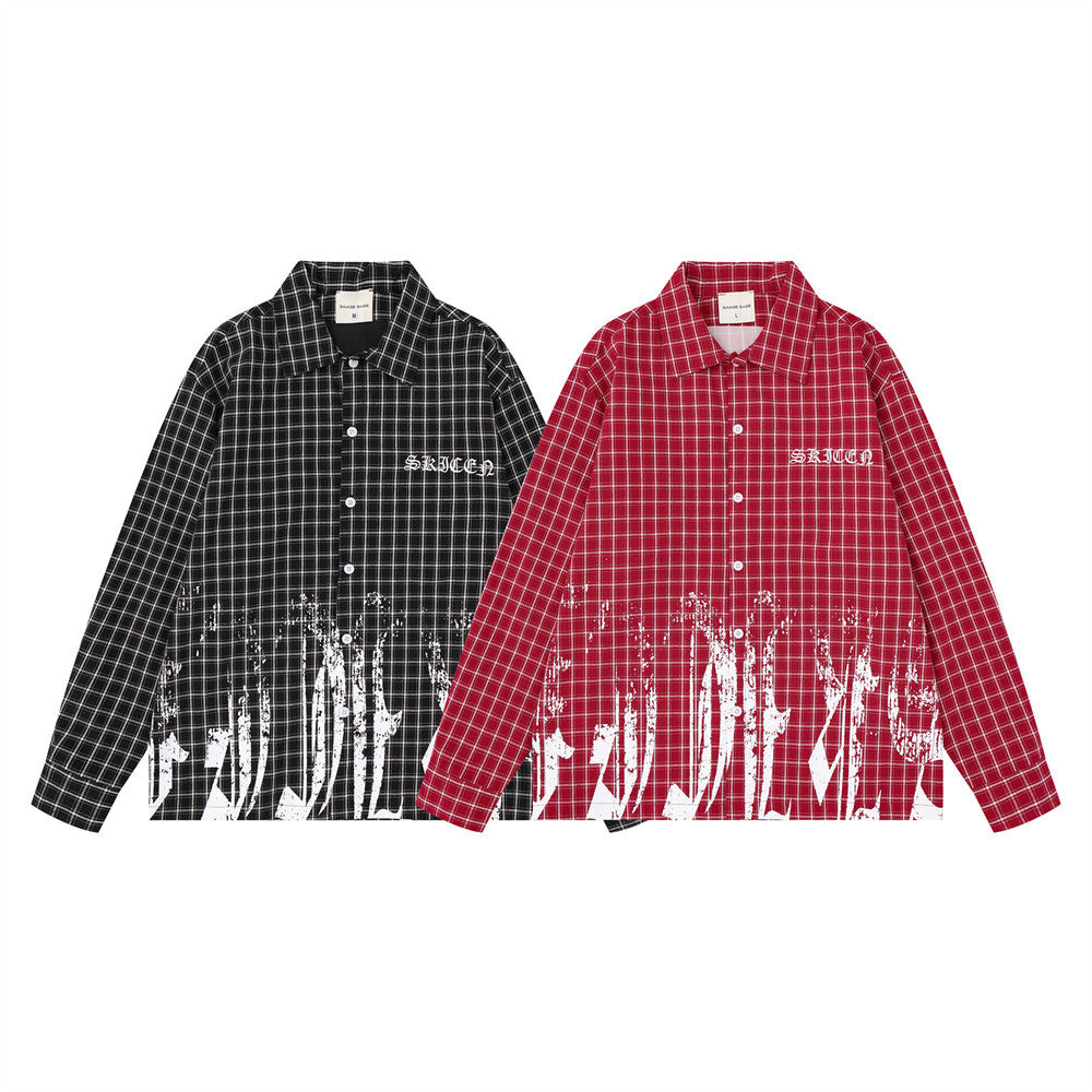 Plaid Long Sleeve Shirt – Graffiti Print & Old English Embroidery, Oversized Fit