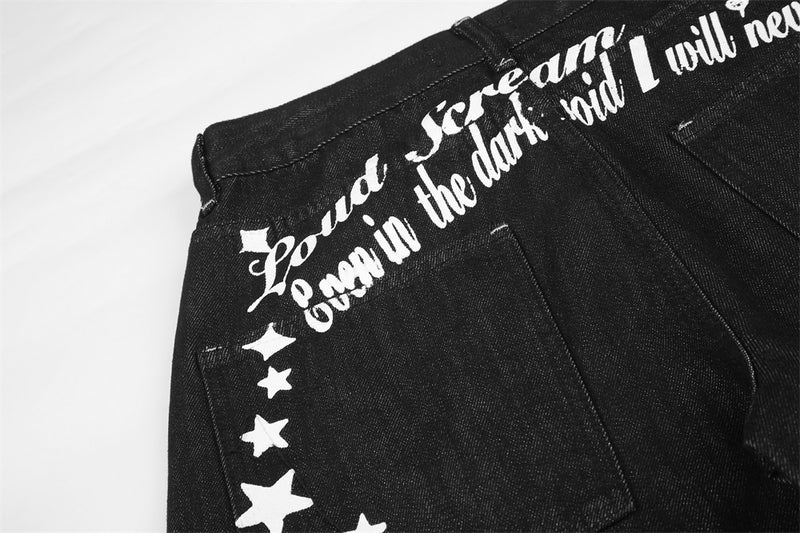 Jean barrel à jambes larges avec imprimé étoiles et script – Denim noir