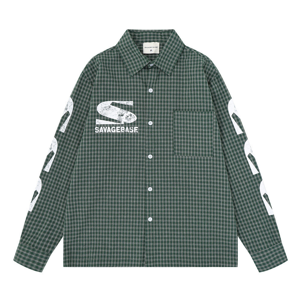 Men's Oversized Plaid Graphic Button-Up Shirt – Vintage Distressed Print Long