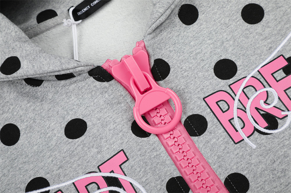 Polka Dot Zip-Up Hoodie with Embroidered Graphic – Cropped Streetwear Sweatshirt