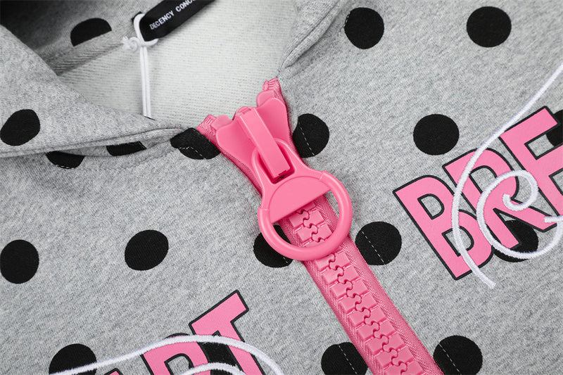 Polka Dot Zip-Up Hoodie with Embroidered Graphic – Cropped Streetwear Sweatshirt