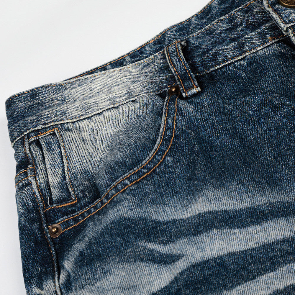 Vintage Wash Wide-Leg Flare Jeans – Men's Distressed Crease-Effect Denim