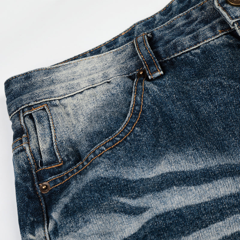Vintage Wash Wide-Leg Flare Jeans – Men's Distressed Crease-Effect Denim