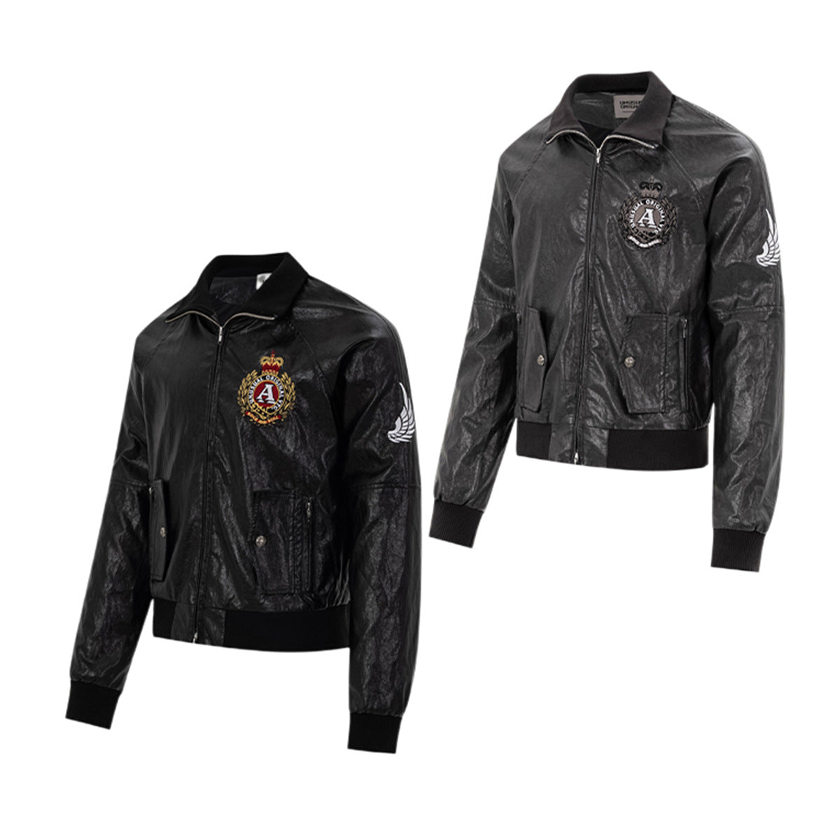 Blouson bomber en similicuir PU brodé – Style vintage racing et flight américain
