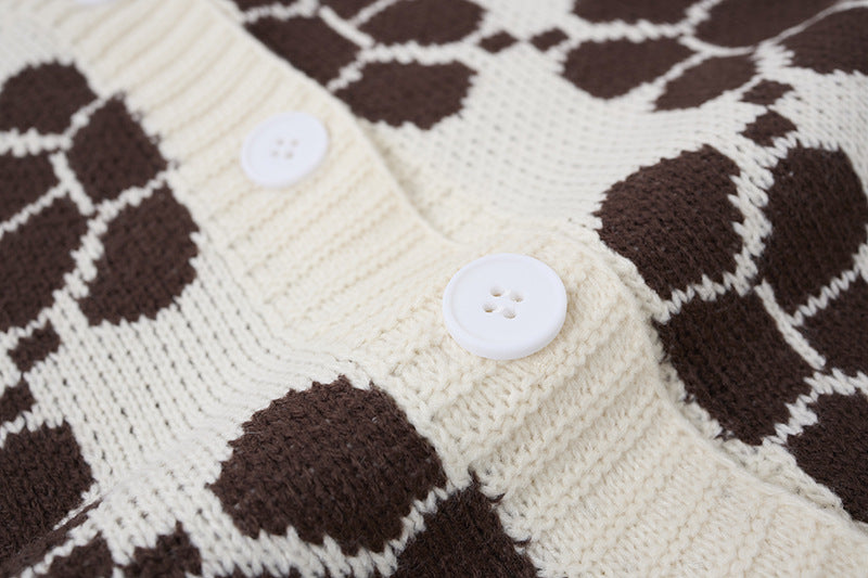 Cardigan-pull en maille à carreaux fleuris et col V – Bas oversize effiloché