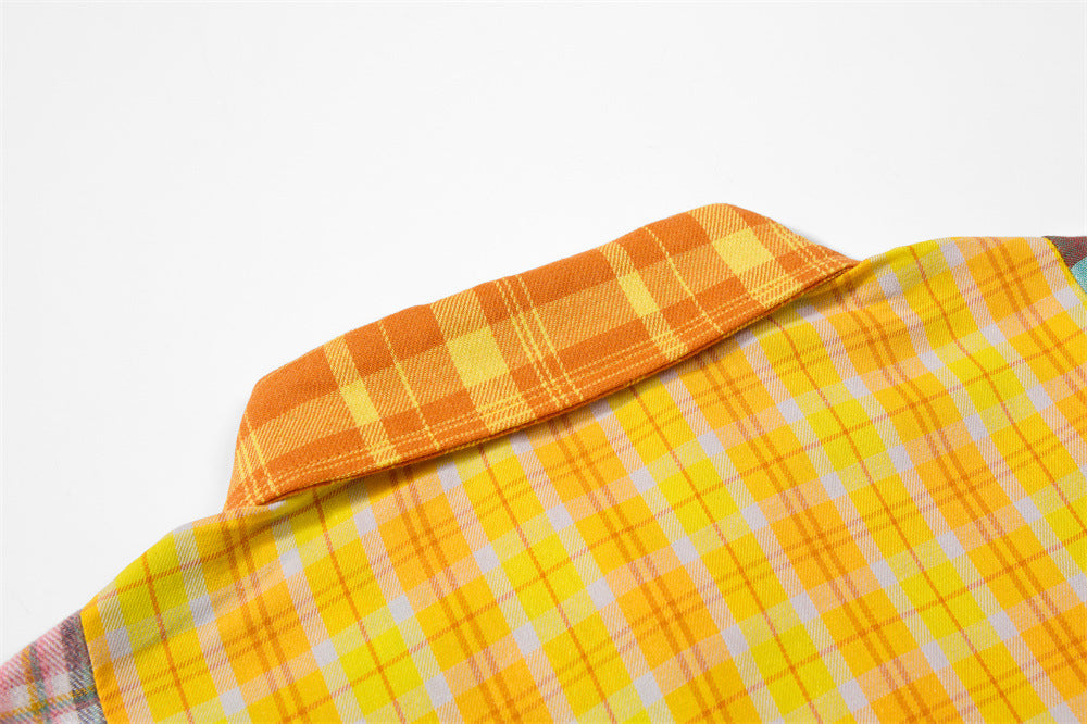 Patchwork Plaid Long Sleeve Shirt with Cartoon Puppy Embroidery — Oversized