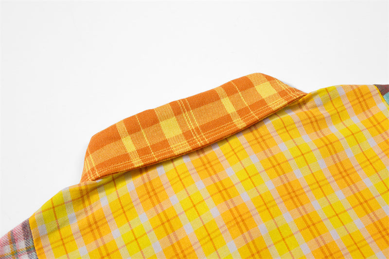 Patchwork Plaid Long Sleeve Shirt with Cartoon Puppy Embroidery — Oversized