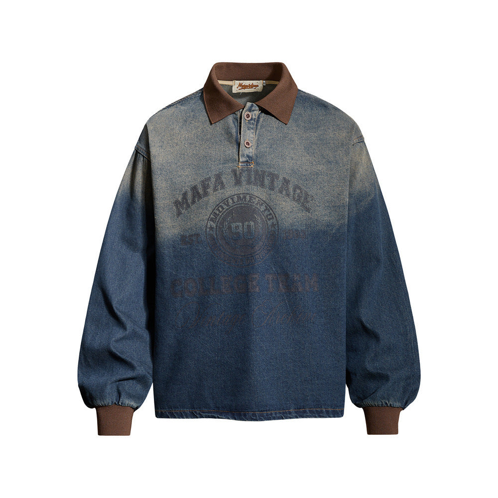 Oversized washed denim long-sleeve polo sweatshirt with gradient fade and collegiate Mafa Vintage chest graphic, front and ba