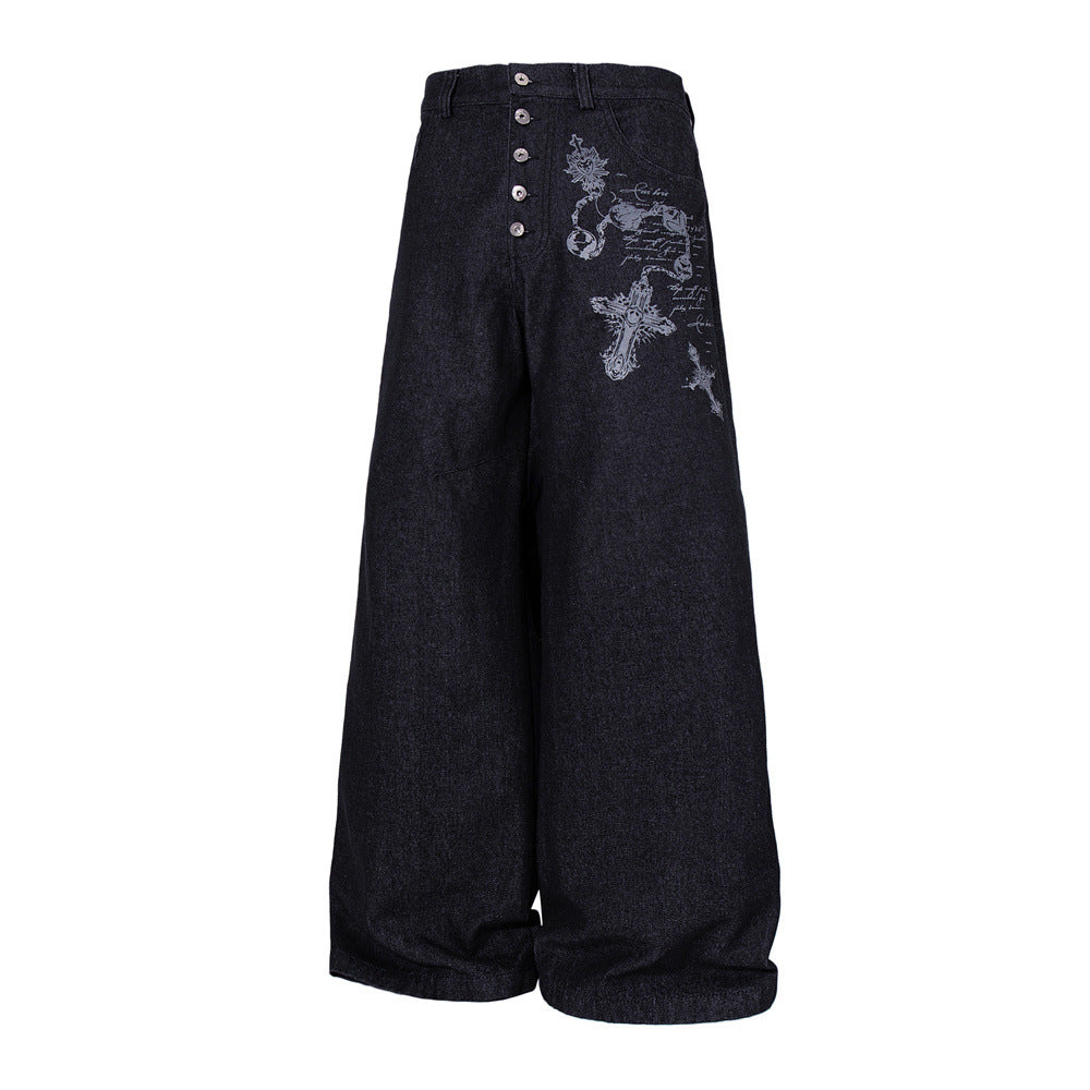 Wide-Leg Jeans – Gothic Cross & Sword Print Black Denim, Baggy High-Street Fit