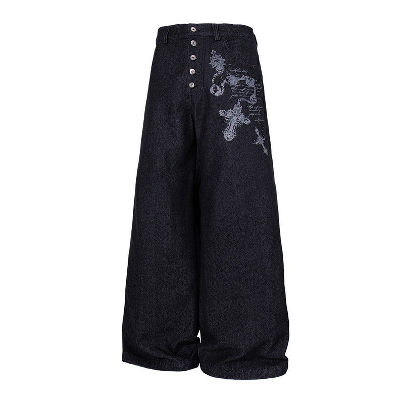 Wide-Leg Jeans – Gothic Cross & Sword Print Black Denim, Baggy High-Street Fit