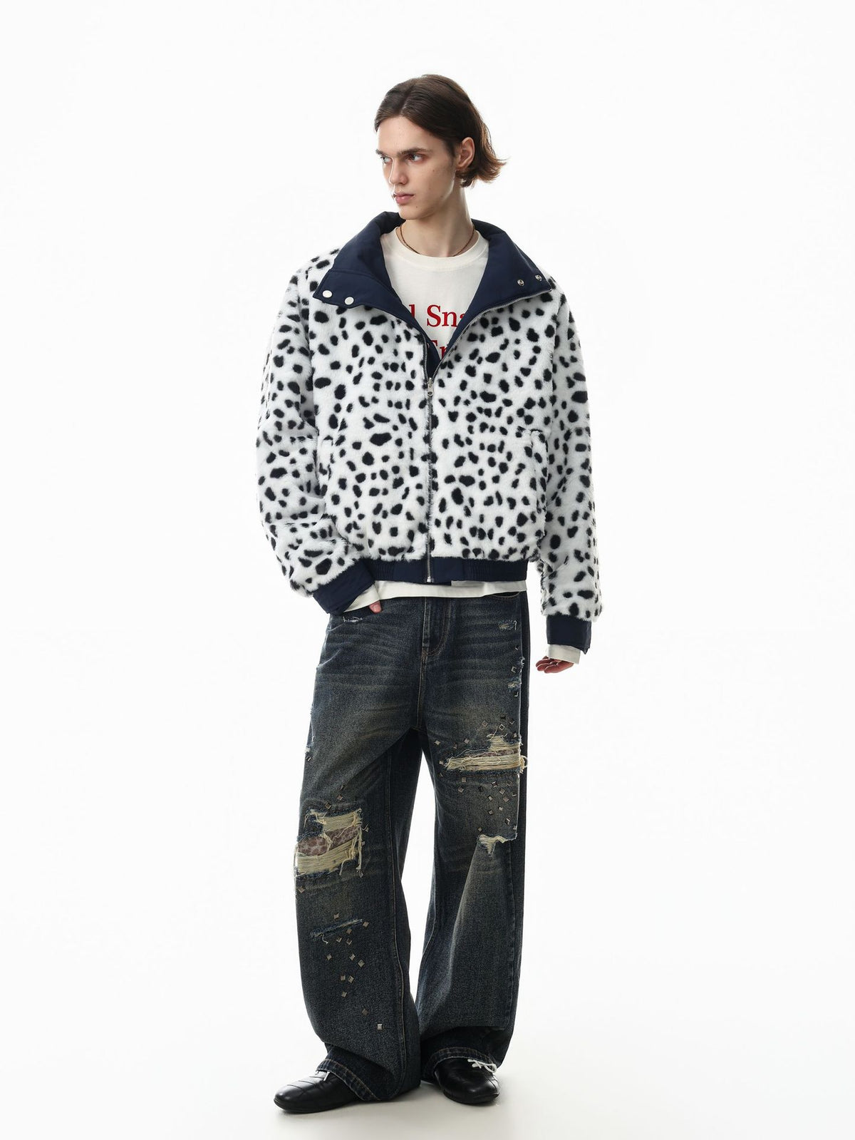 Reversible Dalmatian Faux Fur Bomber Jacket – Two-Way Wear Padded Coat