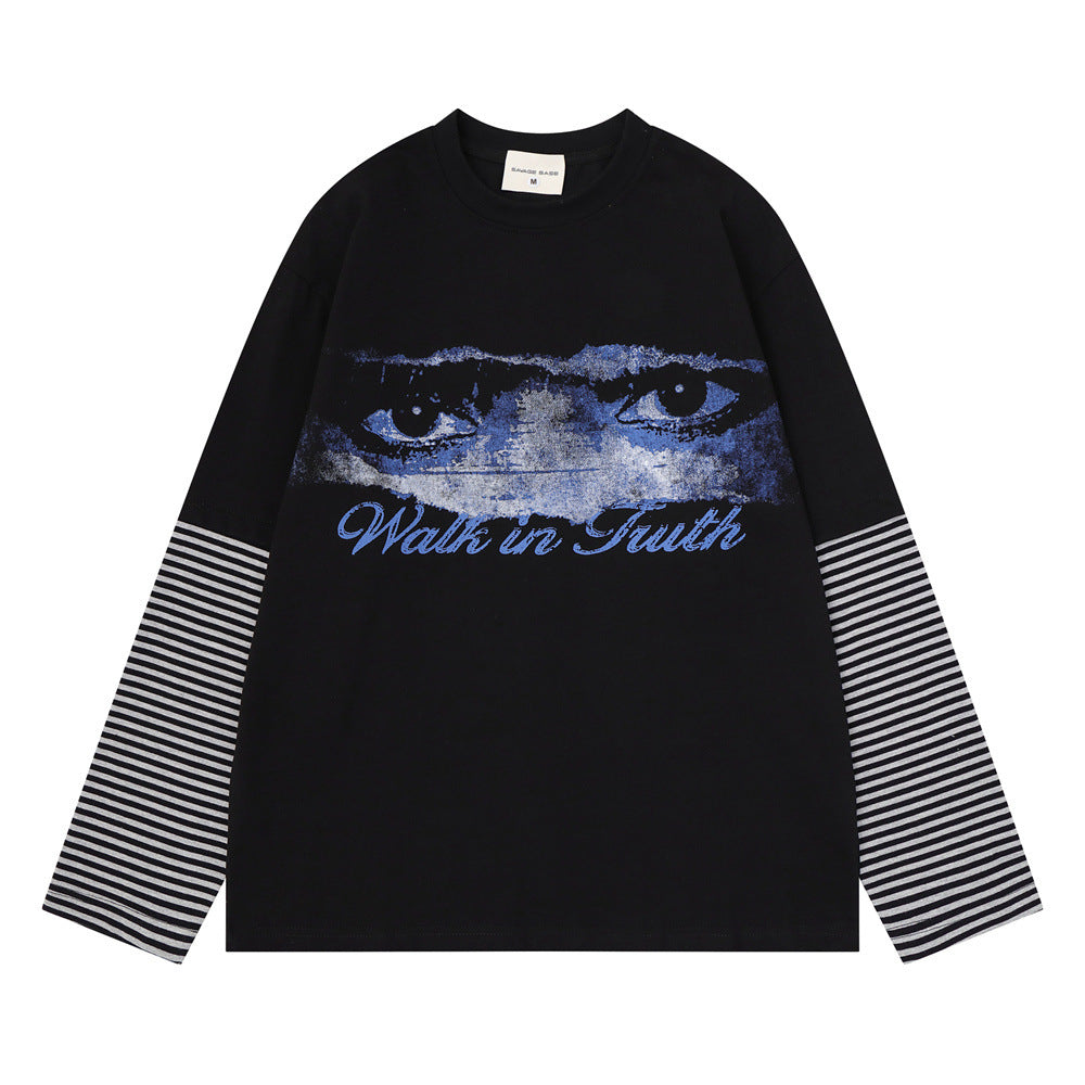 T-shirt homme à manches longues – Imprimé yeux, effet deux-en-un et manches rayées