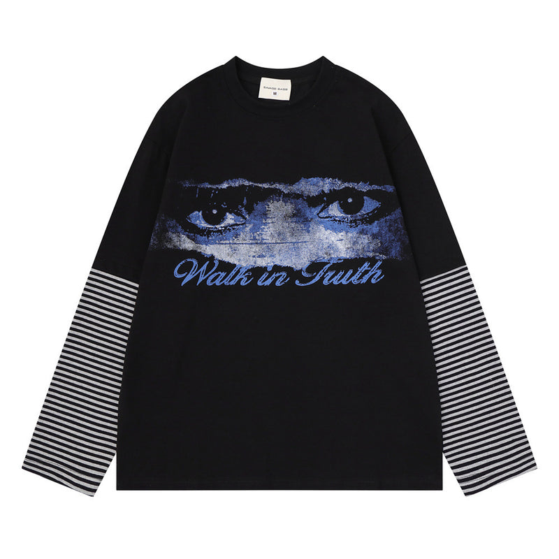 T-shirt homme à manches longues – Imprimé yeux, effet deux-en-un et manches rayées
