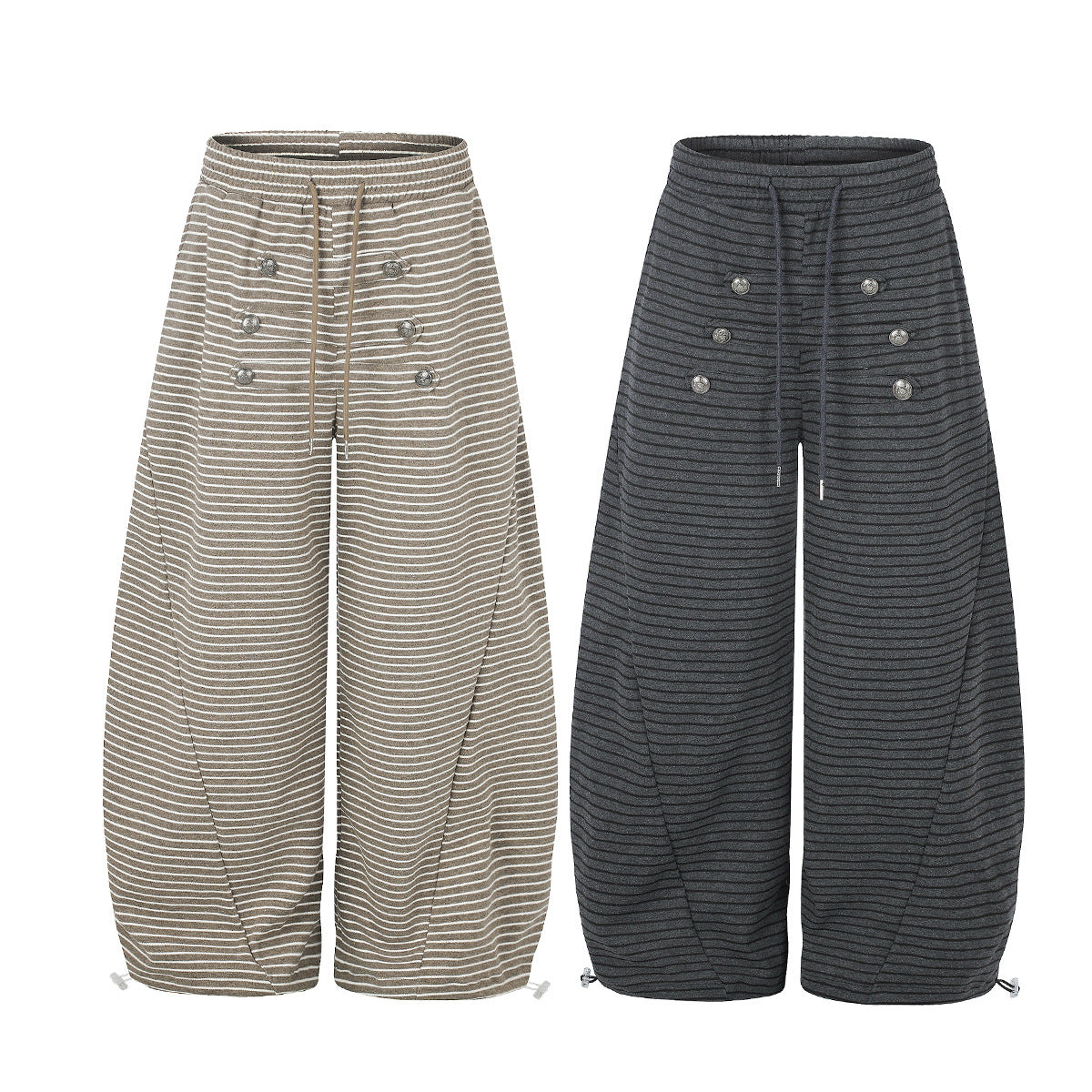 Wide-Leg Striped Sweatpants with Double-Button Detail & Drawstring Waist
