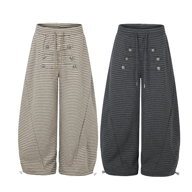 Wide-Leg Striped Sweatpants with Double-Button Detail & Drawstring Waist