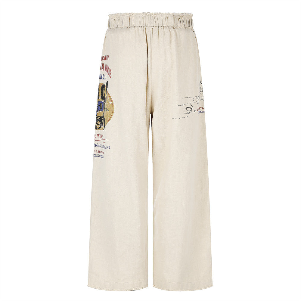 Wide-Leg Graphic Print Pants – Raw Hem Elastic Waist Straight Trousers