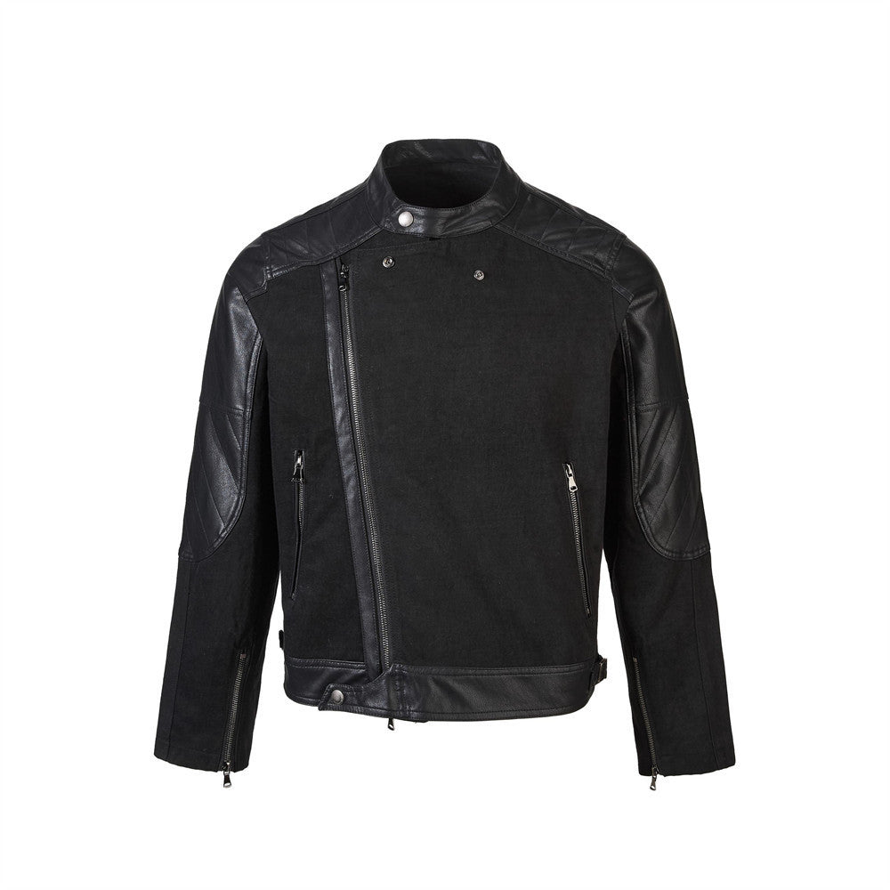 Men's black moto biker zip-up jacket with asymmetric diagonal zip, faux leather shoulder and elbow panels, and snap-button ba