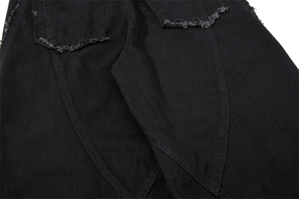 Black Wide-Leg Deconstructed Jeans – Zipper Detail & Raw-Edge Patchwork