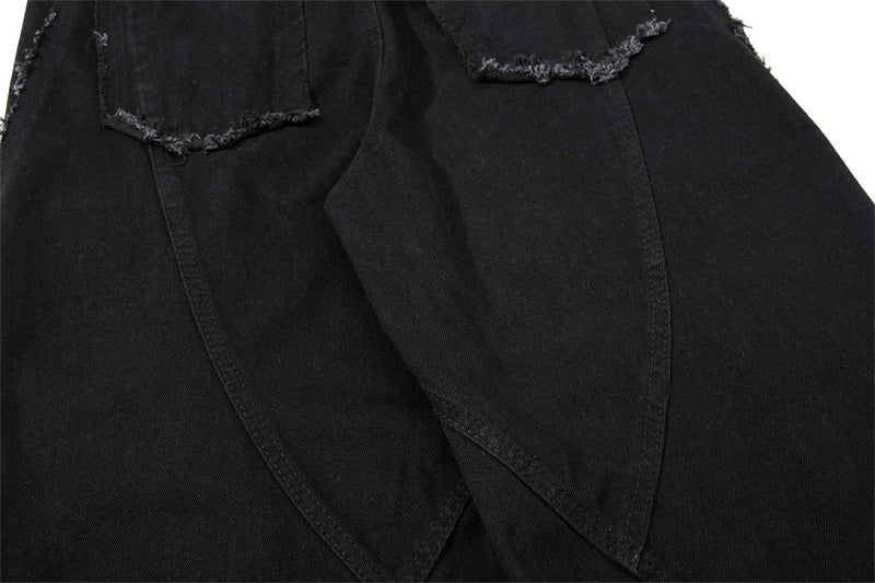 Black Wide-Leg Deconstructed Jeans – Zipper Detail & Raw-Edge Patchwork