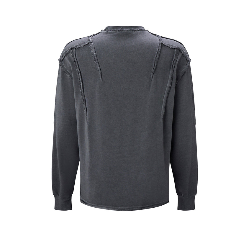 Long Sleeve Acid Wash Shirt with Celestial Print & Raw-Edge Seam Detail