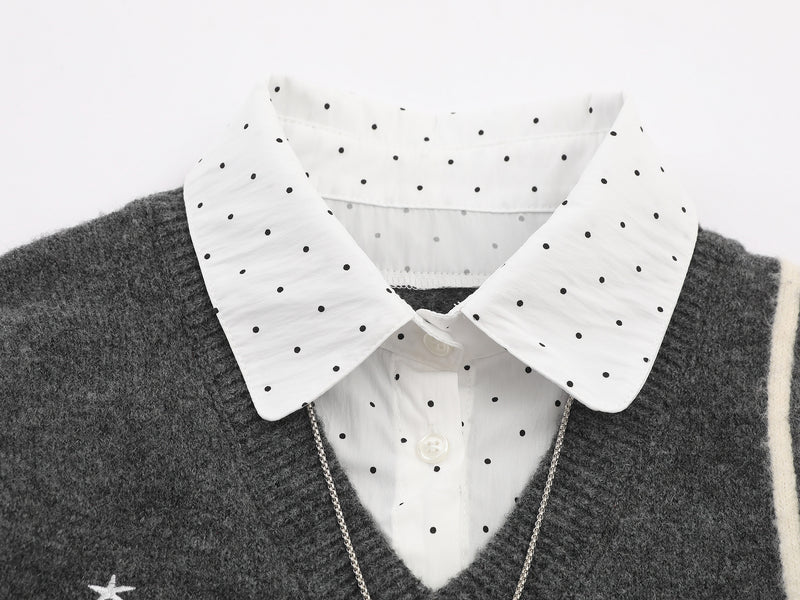 Sweater Faux Two-Piece Knit Vest with Polka Dot Shirt Collar & Bunny Embroidery