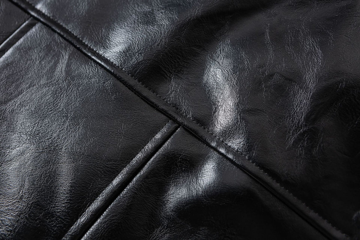Men's Faux Shearling Collar Leather Bomber Jacket – Oversized Black Winter