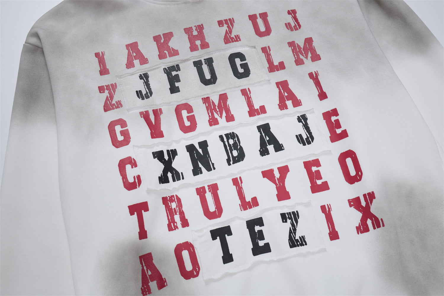Letter Grid Oversized Hoodie – Acid-Washed Distressed Streetwear Pullover